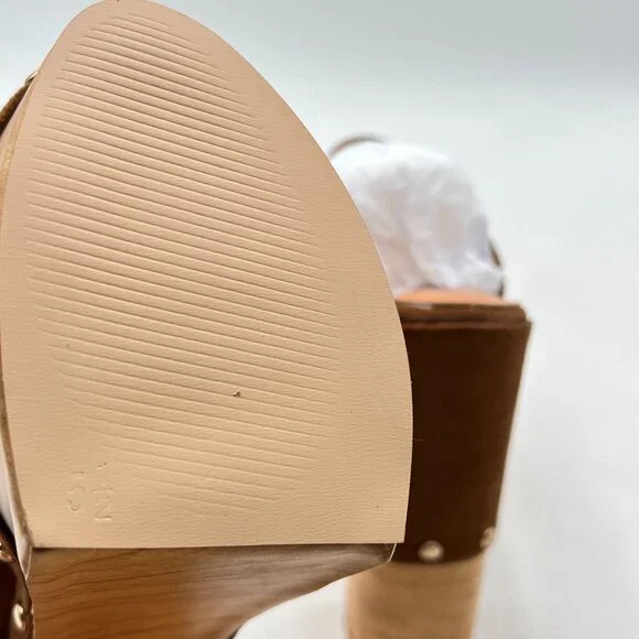 FSJ Brown Suede Round Toe Mules High Chunky Heeled Sandals Slip On Platform Shoe - Picture 6 of 8